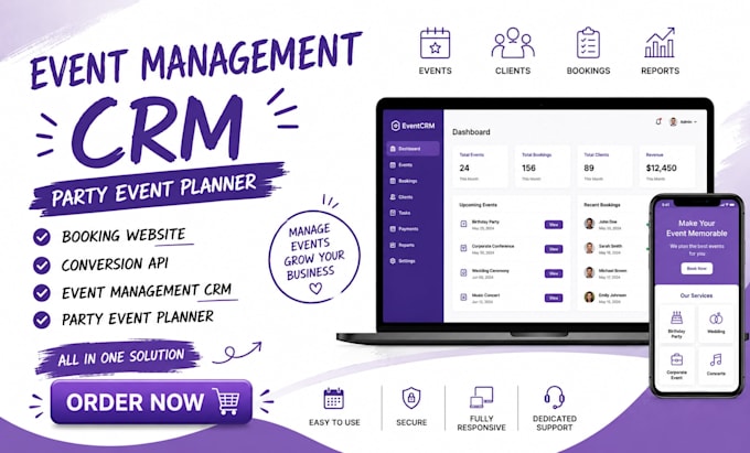 setup event management crm party event planner booking website conversion api