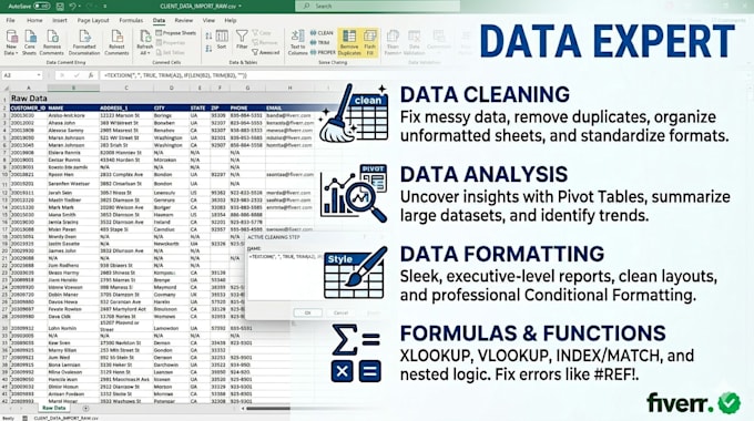data cleaning, data analysis , data formatting etc