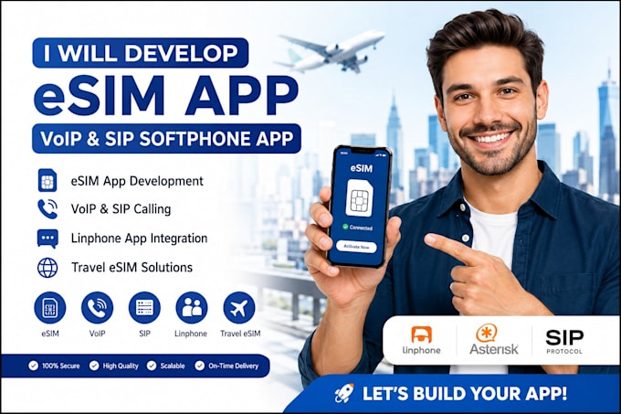 develop esim app, linphone app, voip softphone app with sip calling, travel esim