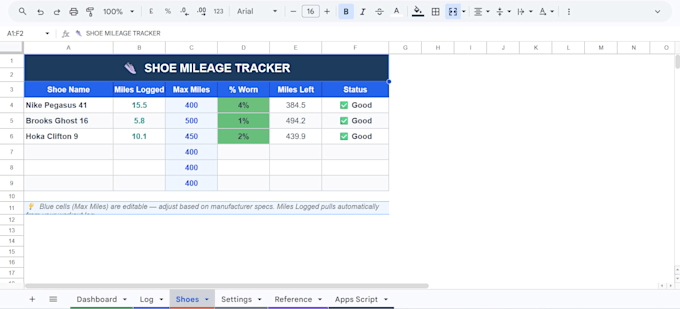 create a treadmill workout tracker in google sheets