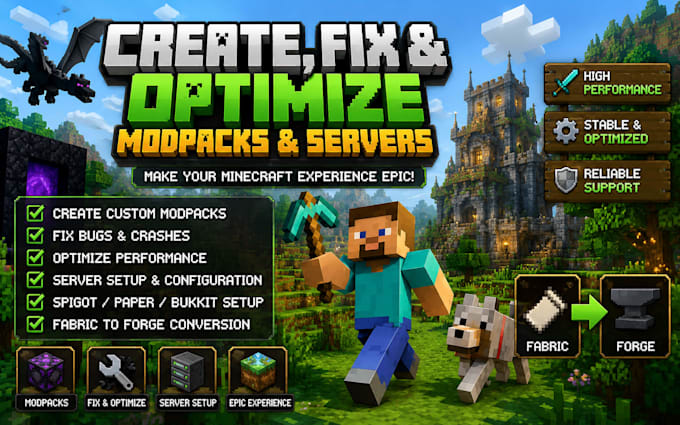 create, fix and optimize modpack minecraft, server setup, spigot fabric forge