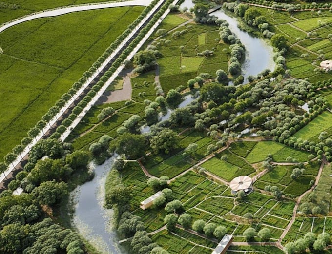 create 3d landscape design, aerial view, 3d forest design,8k rendering,site plan