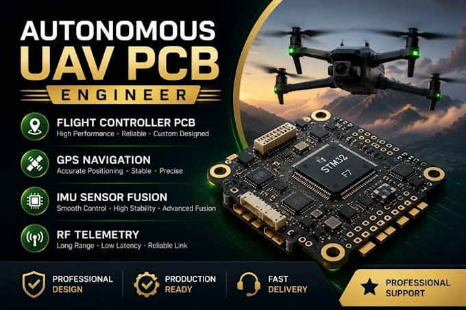 develop uav flight controller pcb, gps navigation, imu sensor fusion and rf