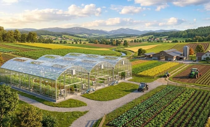 3d green house design ,farm plan landscape design with visualized rendering