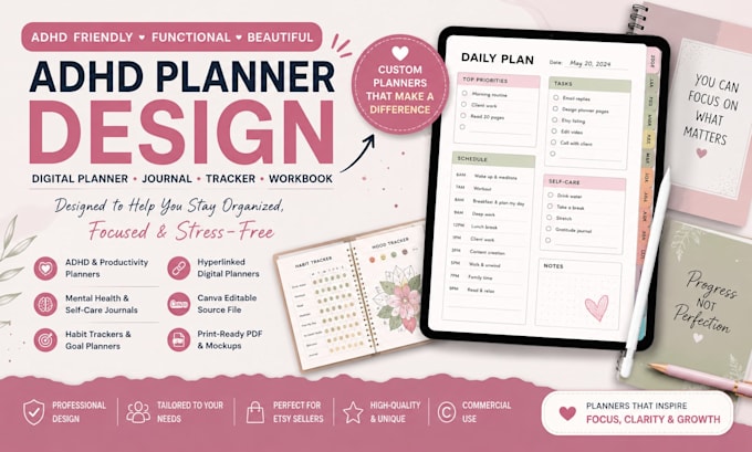 design custom etsy adhd planner journal hyperlinked digital planner etsy shop