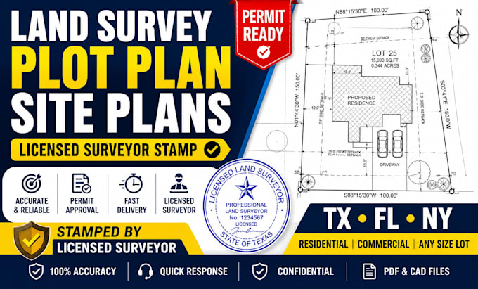 draw plot plan, site plan and land survey with licensed surveyor stamp for tx fl