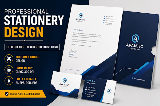 design stationary set, letterhead, folder, printable business card