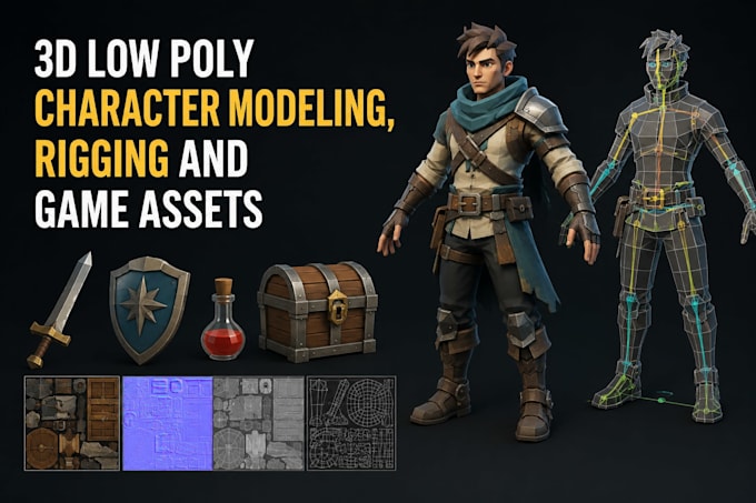 create 3d low poly character modeling, rigging and game assets