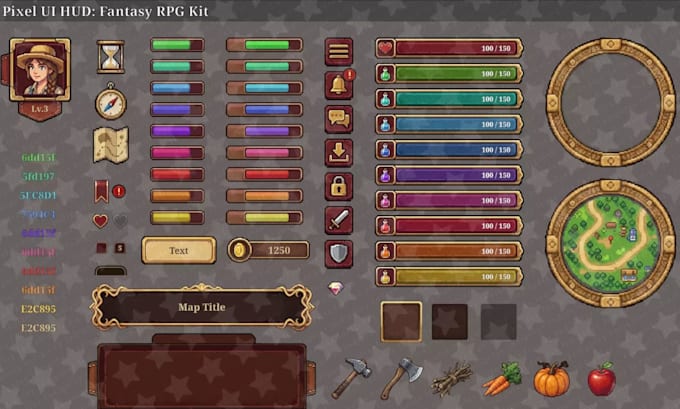 create custom pixel art ui, game hud, icons, frame, bars, and gui assets