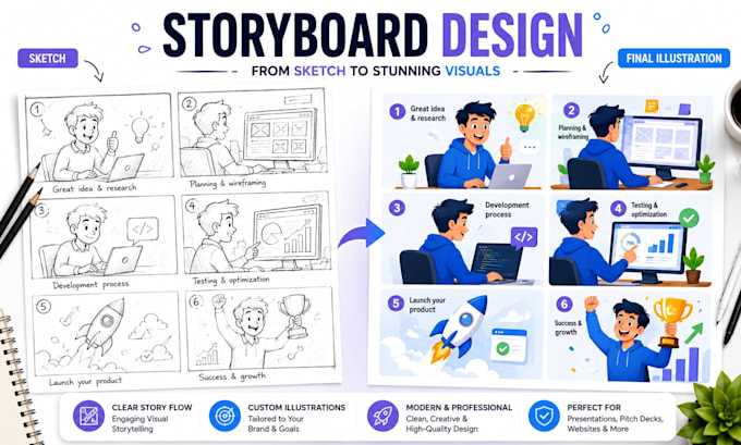 create saas explainer storyboard illustration and app visual design