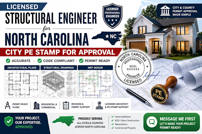 licensed structural engineer for north carolina city pe stamp for approval