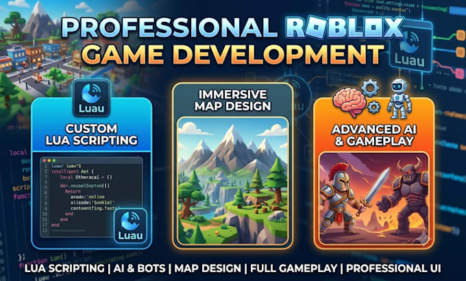 create a full roblox game with custom lua scripting, maps, and UI