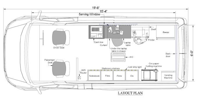 design van conversion layouts, elevations, interior drawing