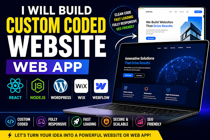 build a custom coded website, web app, react, nodejs, wordpress, wix, webflow