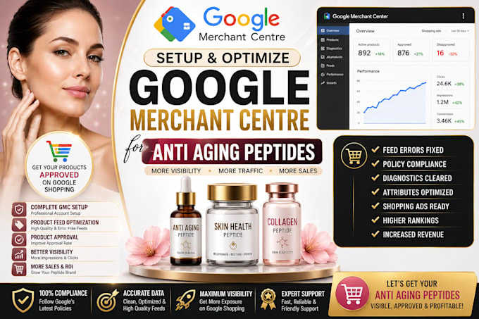 setup and optimize google merchant centre for anti aging peptides store