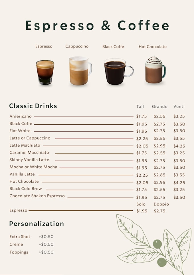 design a luxury menu for cafes and restaurants