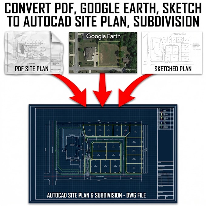 create autocad site plan, subdivision from PDF, google earth and sketch