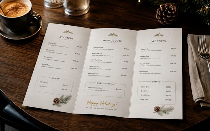 design printable restaurant menu, trifold food menu, cafe menu and price list