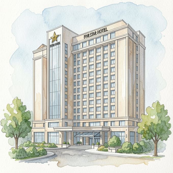 sketch architecture building with watercolor rendering