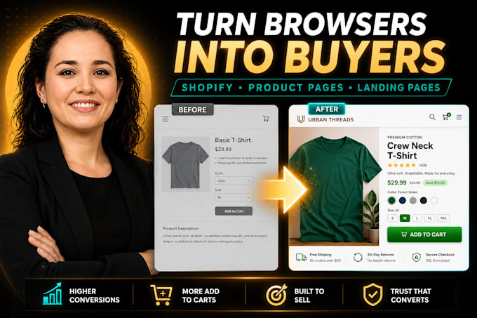 shopify design, product page, landing page, ecommerce UI, conversion focused