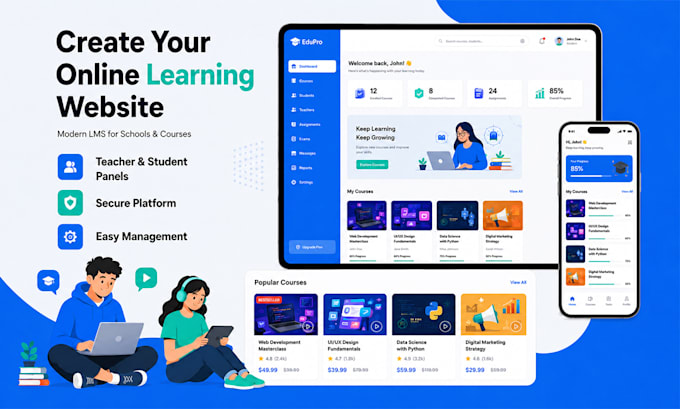 develop lms website, elearning website, education website