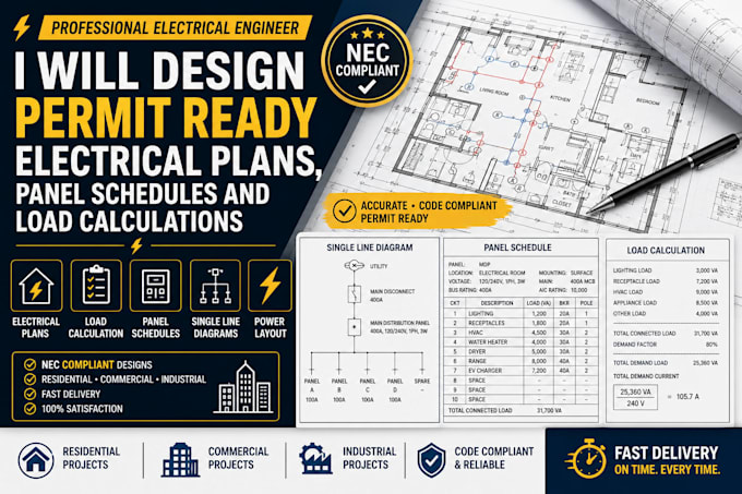 design permit ready electrical plans, panel schedules and load calculations