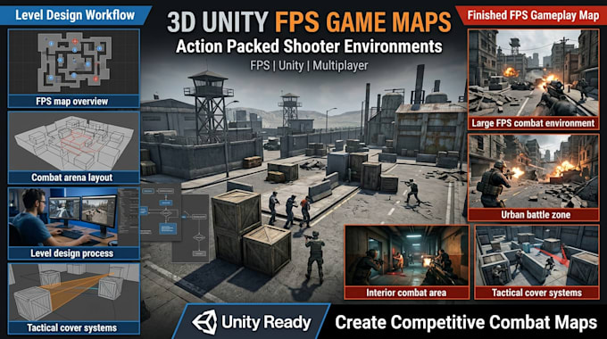 design 3d unity fps game map, action game map, 3d battle map, 3d multiplayer map
