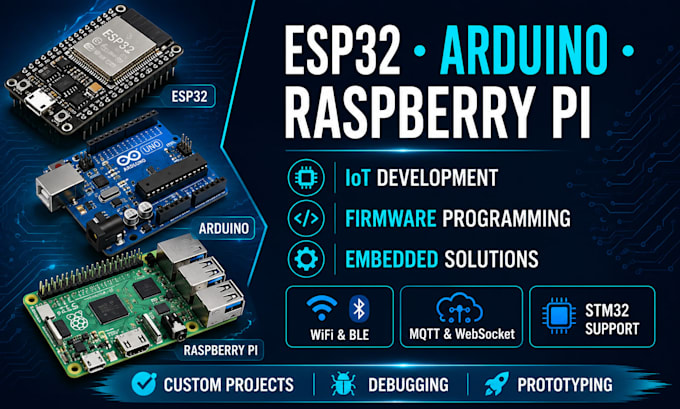 esp32 iot projects, raspberry pi programming, arduino and firmware development