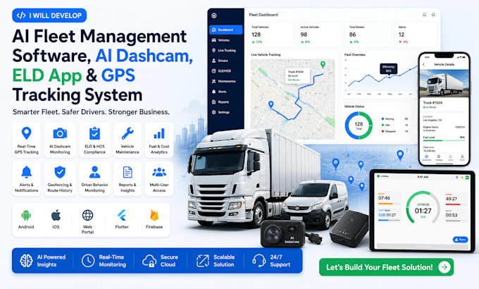 develop ai fleet management software, ai dashcam, eld app, gps tracking system