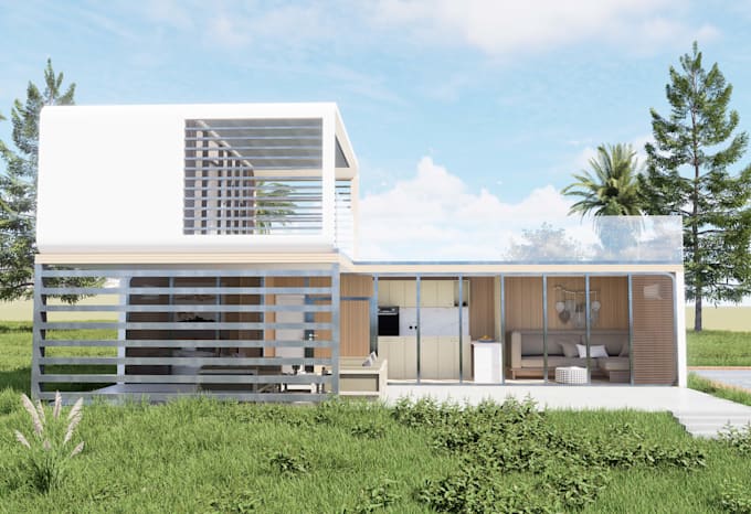 redesign shipping container home,3d exterior rendering, cabin,tiny house,2d plan