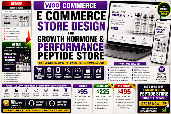 design high converting woocommerce store for growth hormone performance peptide