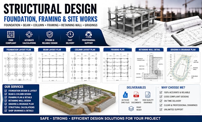 design foundation beam and column layout framing plans retaining wall gradings