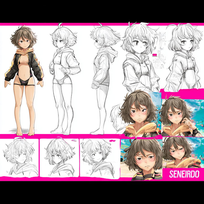 design an anime reference sheet with expressions and turnaround views
