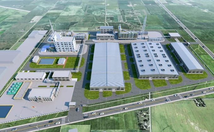 develop 3d industrial park, distribution center design, factory building render