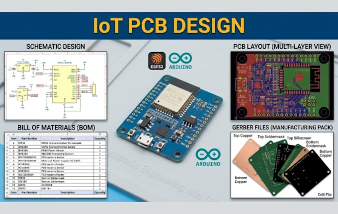 do iot pcb design using esp32 or arduino with schematic layout, gerber and bom