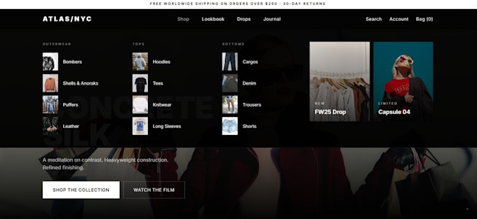 design a professional shopify header, footer, and mega menu
