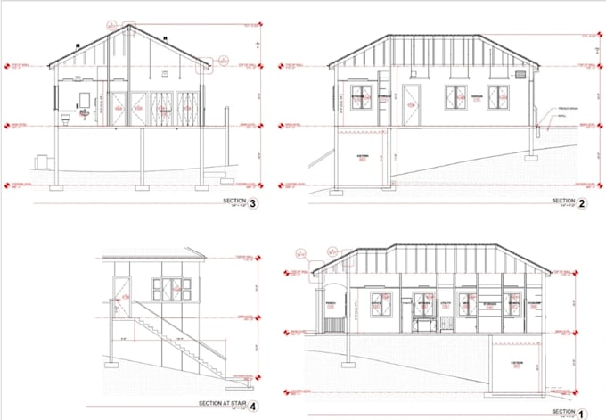 draft permit elevation plan, autocad sectional drawing, roof layout plan design