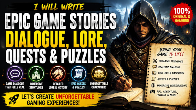 write creative game story character lore video game dialogue quest puzzle
