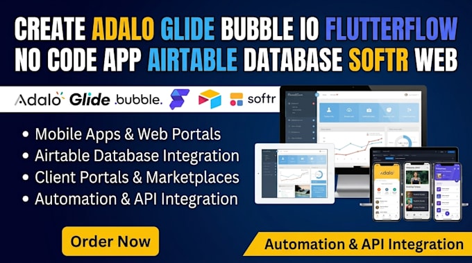 create adalo glide bubble io flutterflow no code app airtable database softr web