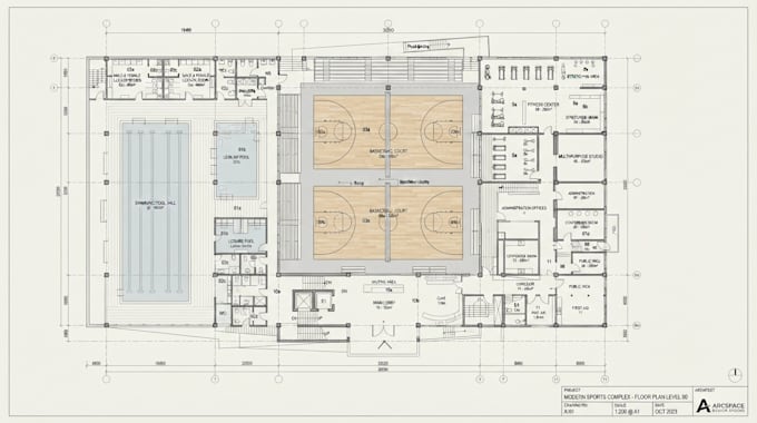 design 3d modern sports complex layout, floor plan and site plan