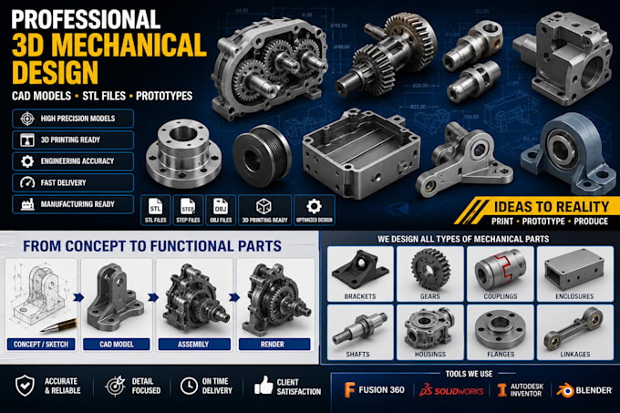 design professional 3d mechanical part cad model for 3d printing and prototyping