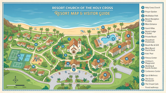 design resort map illustration, church map, hotel map, property map, site map