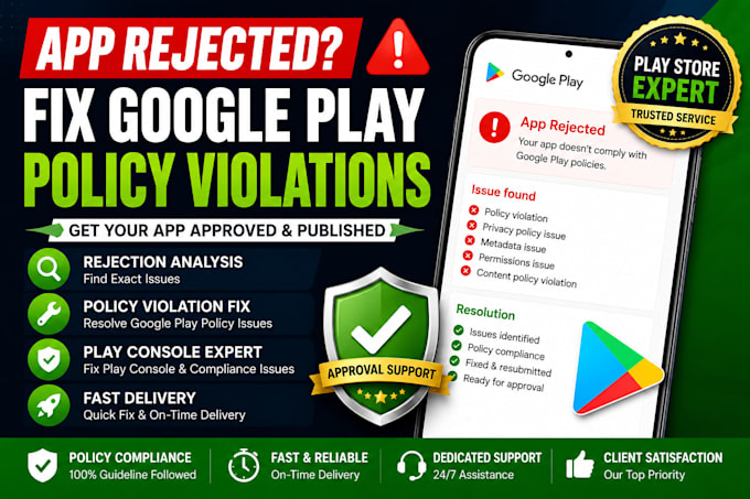 fix google play policy violations, app rejection and play console issues
