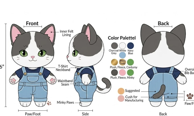 design custom plush reference sheet, plush toy design, stuffed animal tech pack