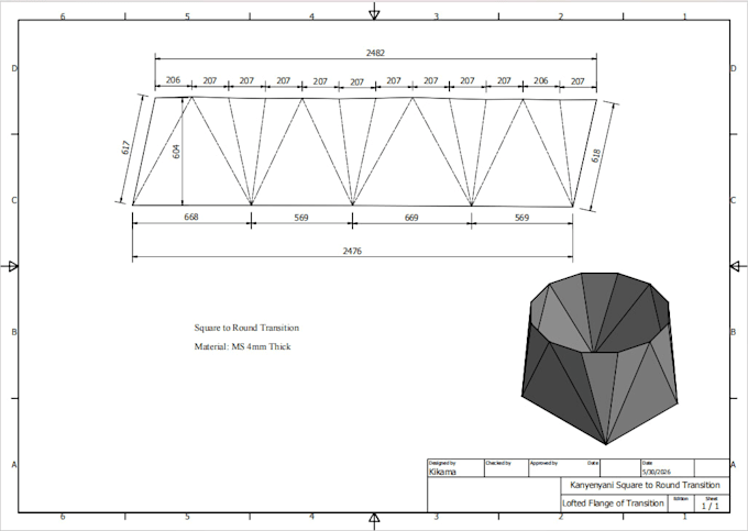 create sheet metal developments, lofted transitions and fabrication drawings