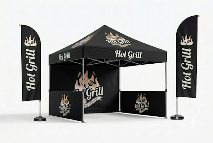design a modern canopy tent, table cover and feather flag