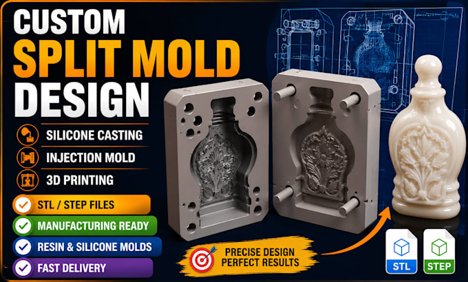 design custom split resin mold for silicone casting injection mold, 3d printing