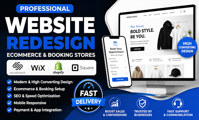redesign squarespace wix shopify square ecommerce website and booking store