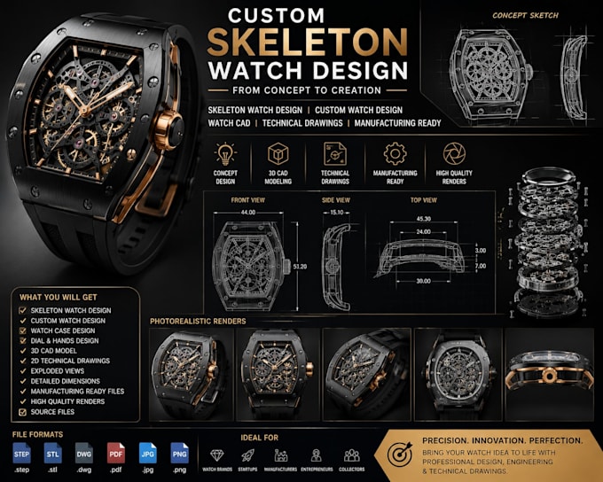 design skeleton watch, custom watch design and technical drawings