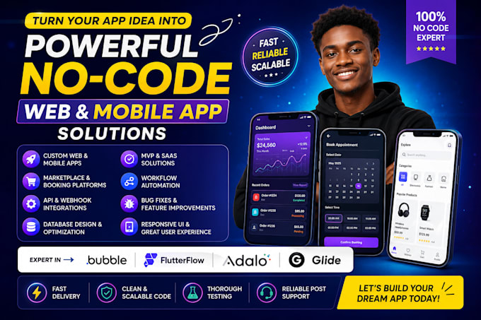 develop adalo, bubble, glide, flutterflow no code mobile app